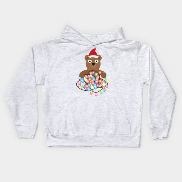 Cute Cartoon Bear with Santa Hat and Colorful Light Bunting Kids Hoodie by sigdesign